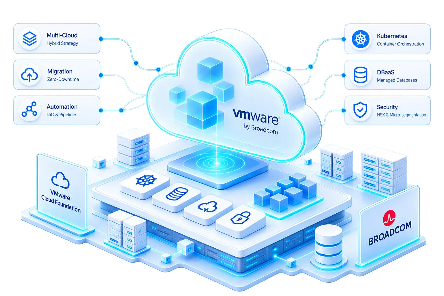 A VMware Cloud Foundation platform, labelled with multi-cloud strategy, zero-downtime migration, infrastructure automation, Kubernetes orchestration, managed databases and NSX security